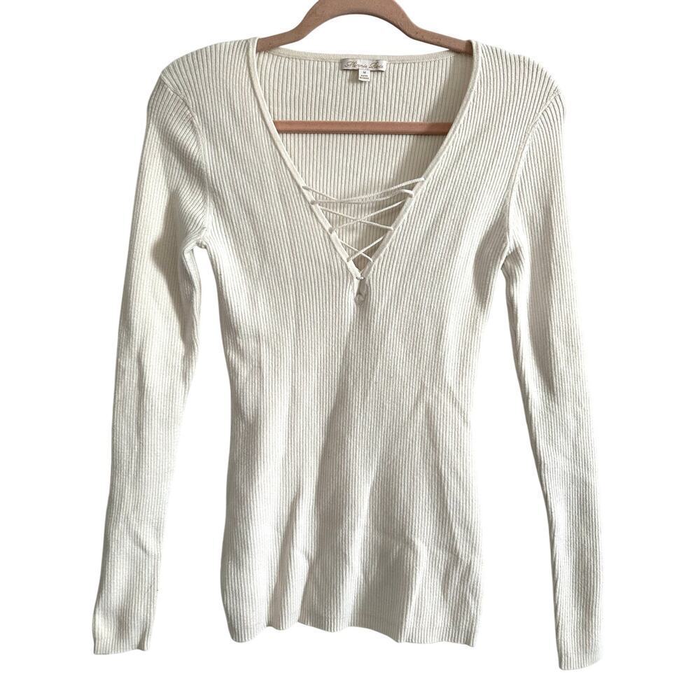 MINNIE ROSE Creamy White Lace-Up V-Neck Cotton-Silk Ribbed Top Shirt - Sz M
